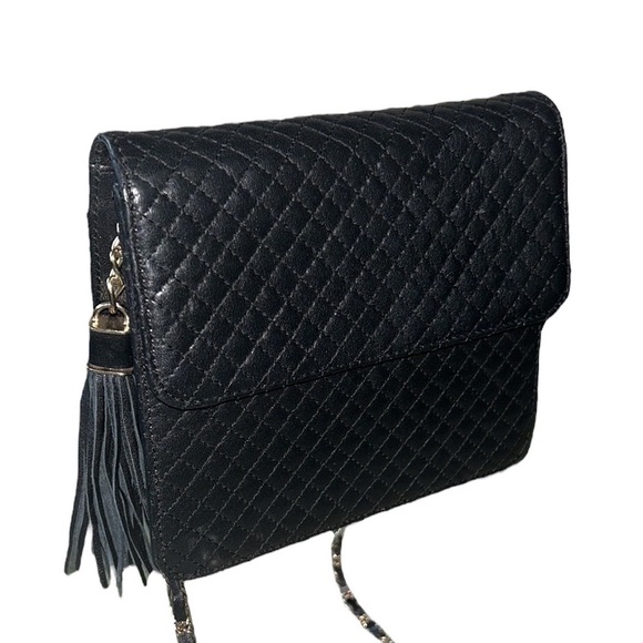 Talbots Black Leather Quilted Gold Chain Strap Tassel Crossbody Bag - Picture 4 of 16